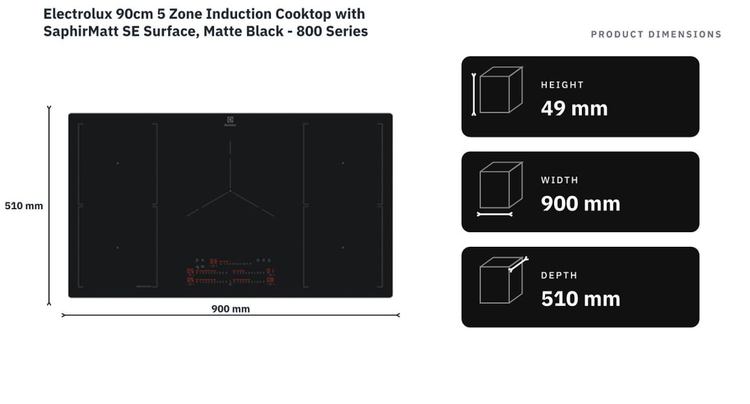 Electrolux 90cm 5 Zone Induction Cooktop with SaphirMatt SE Surface, Matte Black - 800 Series KIS97550IT — product dimensions
