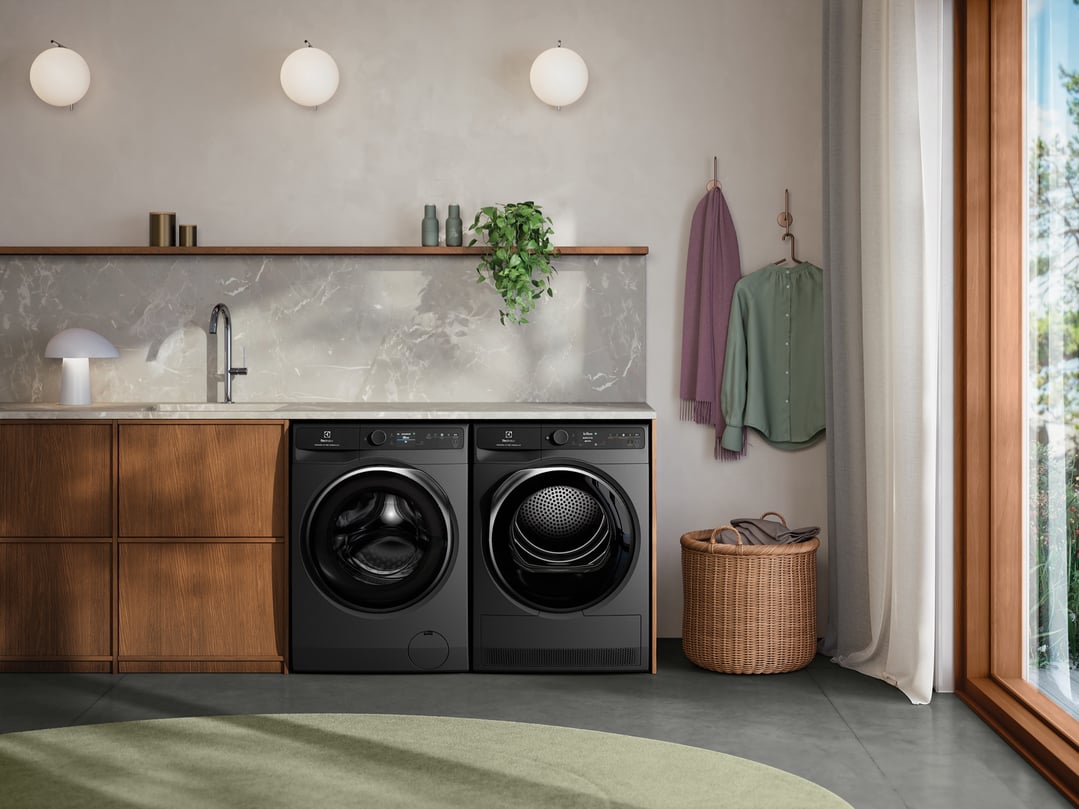 Electrolux washing machine and dryer in a modern laundry room