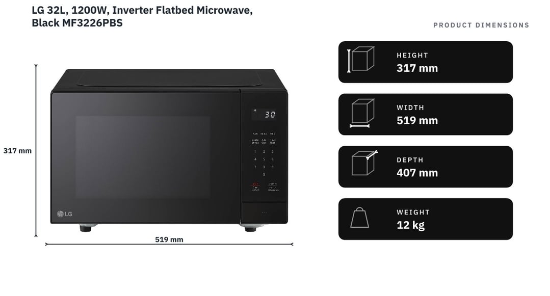 LG 32L, 1200W, Inverter Flatbed Microwave, Black MF3226PBS — product dimensions