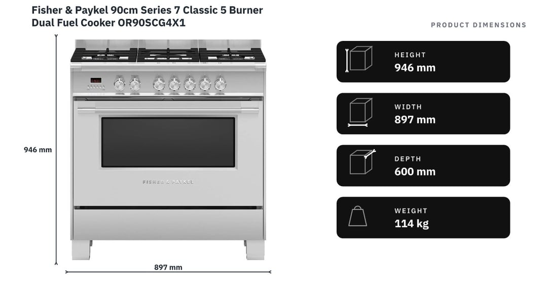 Fisher & Paykel 90cm Series 7 Classic 5 Burner Dual Fuel Cooker OR90SCG4X1 — product dimensions