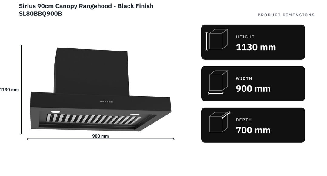 Sirius 90cm Canopy Rangehood - Black Finish SL80BBQ900B — product dimensions