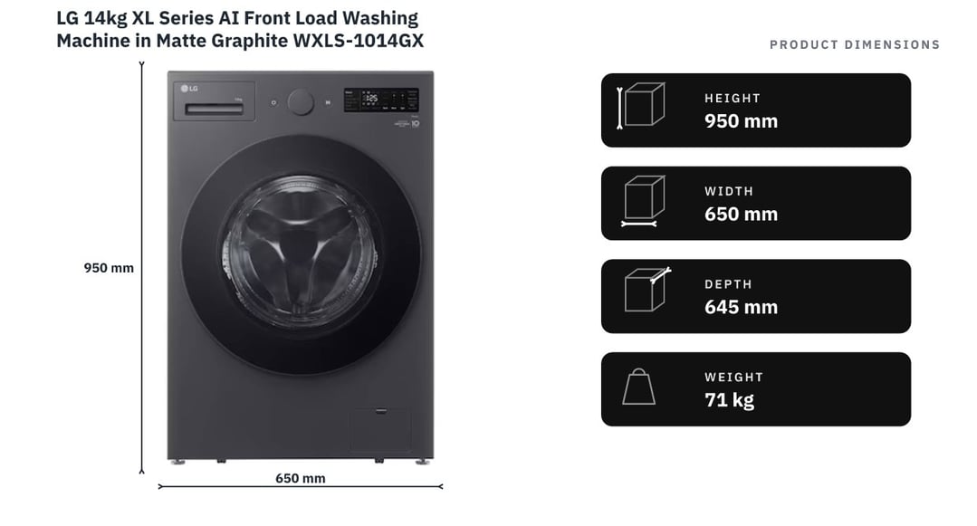 LG 14kg XL Series AI Front Load Washing Machine in Matte Graphite WXLS-1014GX — product dimensions