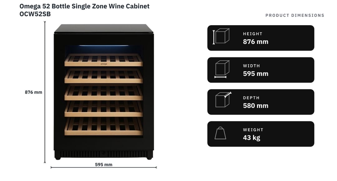 Omega 52 Bottle Single Zone Wine Cabinet OCW52SB — product dimensions