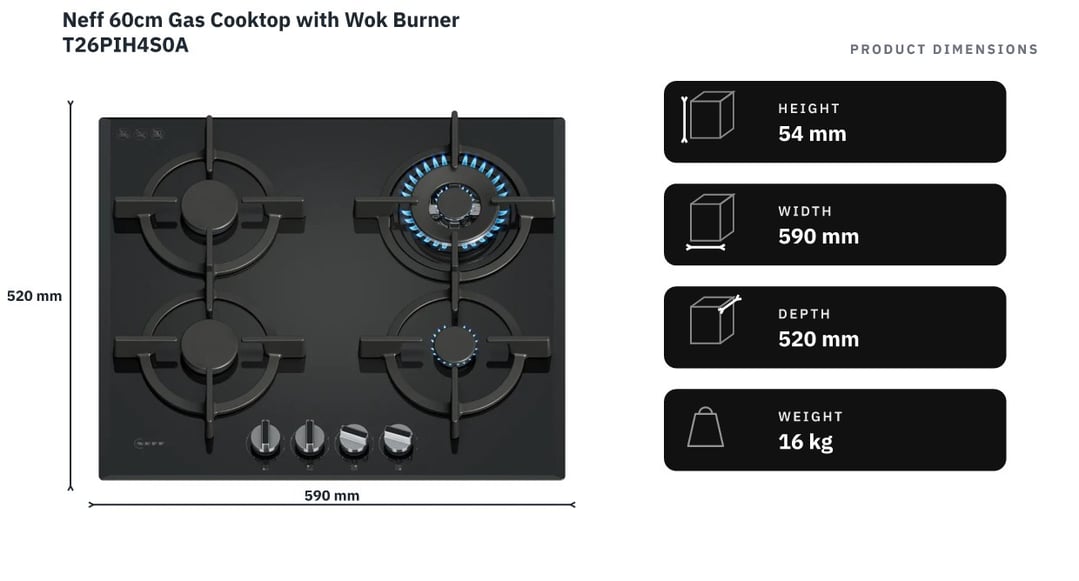 Neff 60cm Gas Cooktop with Wok Burner T26PIH4S0A — product dimensions