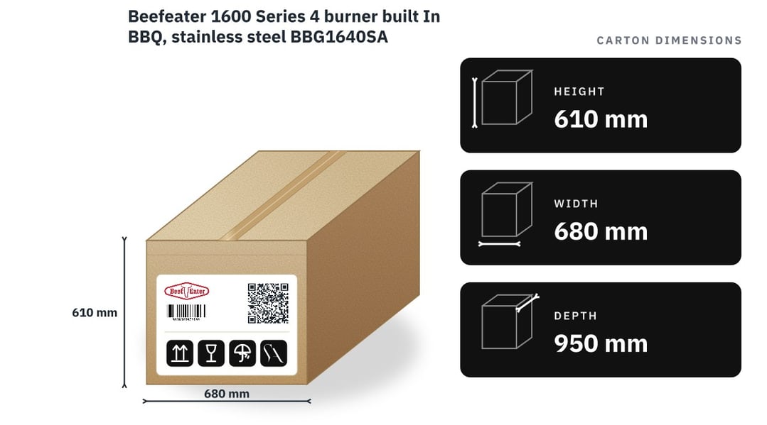 Beefeater 1600 Series 4 burner built In BBQ, stainless steel BBG1640SA — packaged dimensions