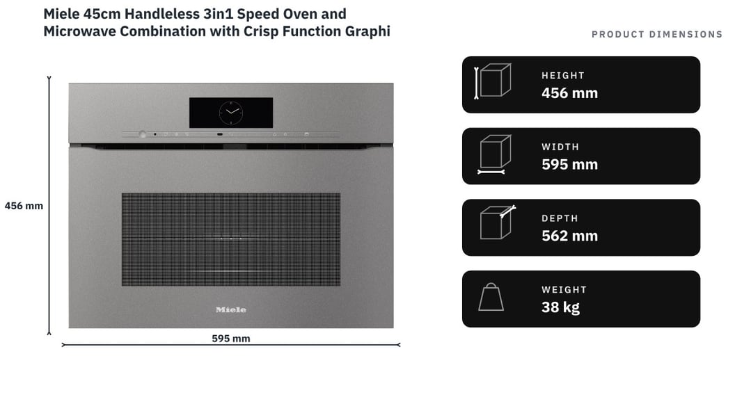 Miele 45cm Handleless 3in1 Speed Oven and Microwave Combination with Crisp Function Graphite Grey H7840BMXGRGR — product dimensions
