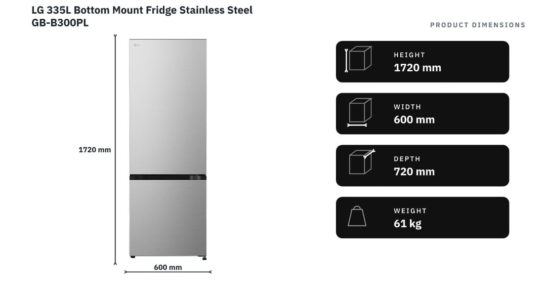 LG 335L Bottom Mount Fridge Stainless Steel GB-B300PL — product dimensions