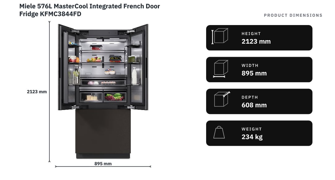 Miele 576L MasterCool Integrated French Door Fridge KFMC3844FD — product dimensions