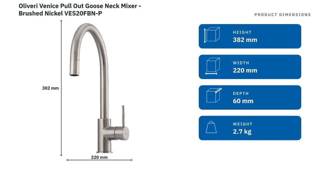 Oliveri Venice Pull Out Goose Neck Mixer - Brushed Nickel VE520FBN-P