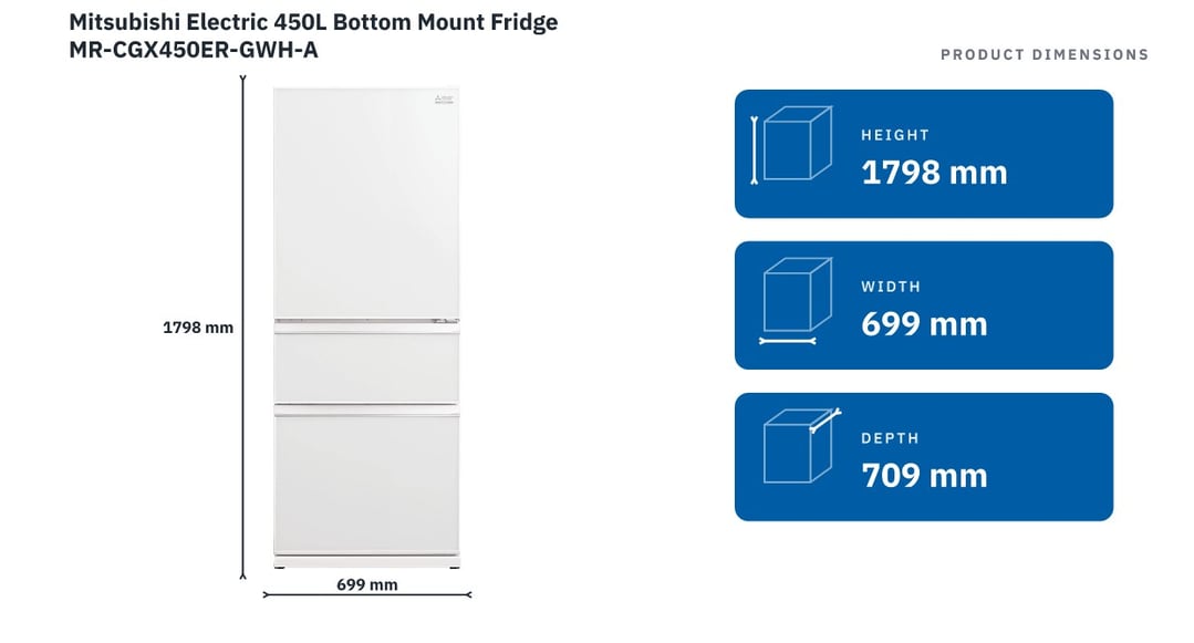 Mitsubishi Electric 450L Bottom Mount Fridge MR-CGX450ER-GWH-A — product dimensions