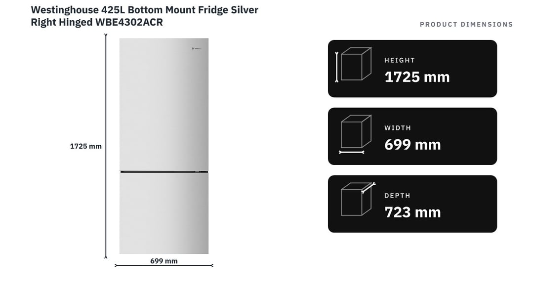 Westinghouse 425L Bottom Mount Fridge Silver Right Hinged WBE4302ACR — product dimensions