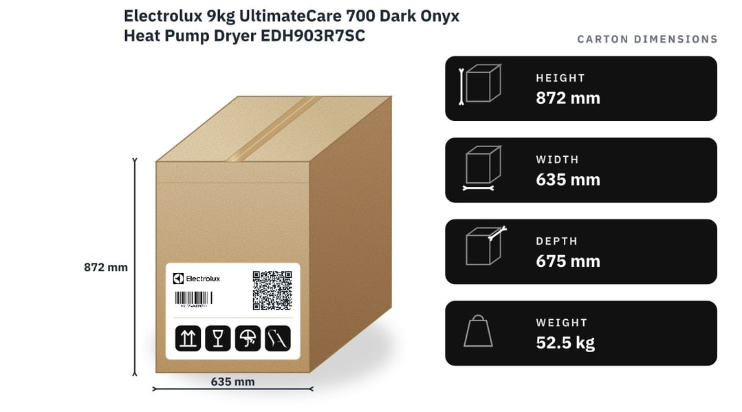 Electrolux 9kg UltimateCare 700 Dark Onyx Heat Pump Dryer EDH903R7SC — packaged dimensions