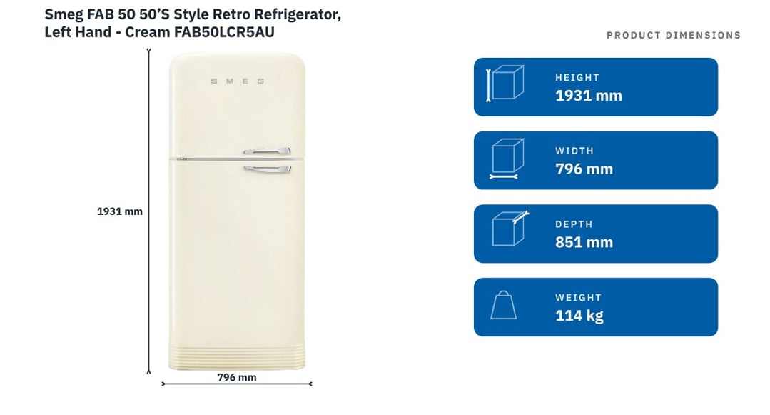 Smeg FAB 50 50’S Style Retro Refrigerator, Left Hand - Cream FAB50LCR5AU