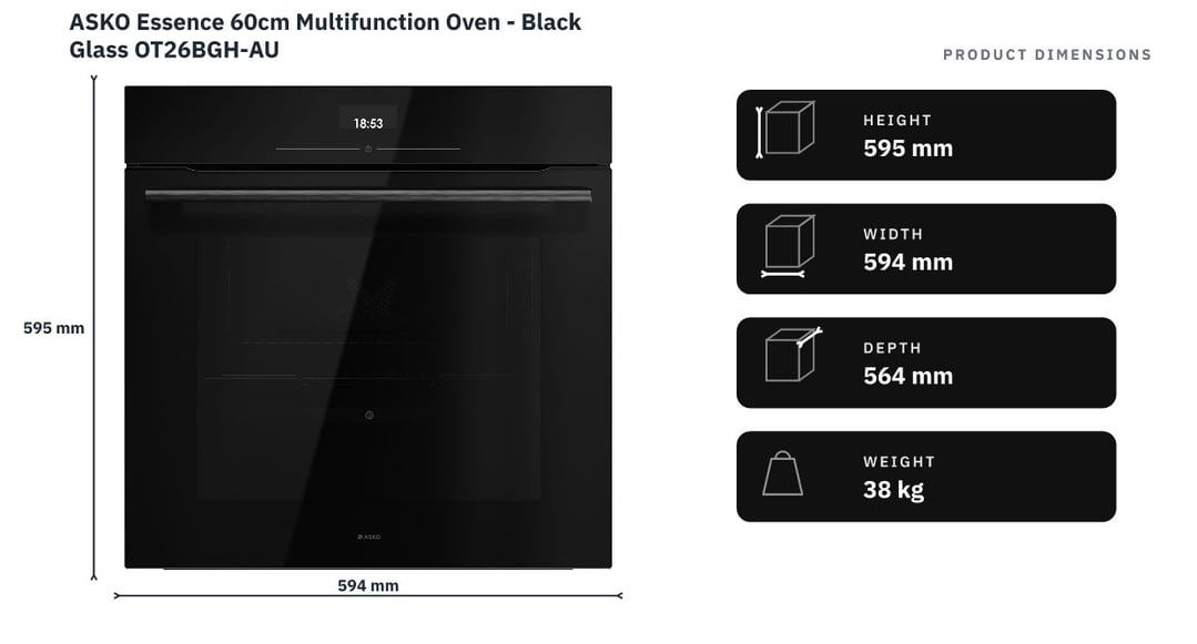 ASKO Essence 60cm Multifunction Oven - Black Glass OT26BGH-AU — product dimensions