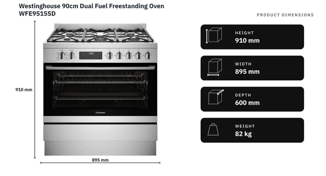 Westinghouse 90cm Dual Fuel Freestanding Oven WFE9515SD — product dimensions