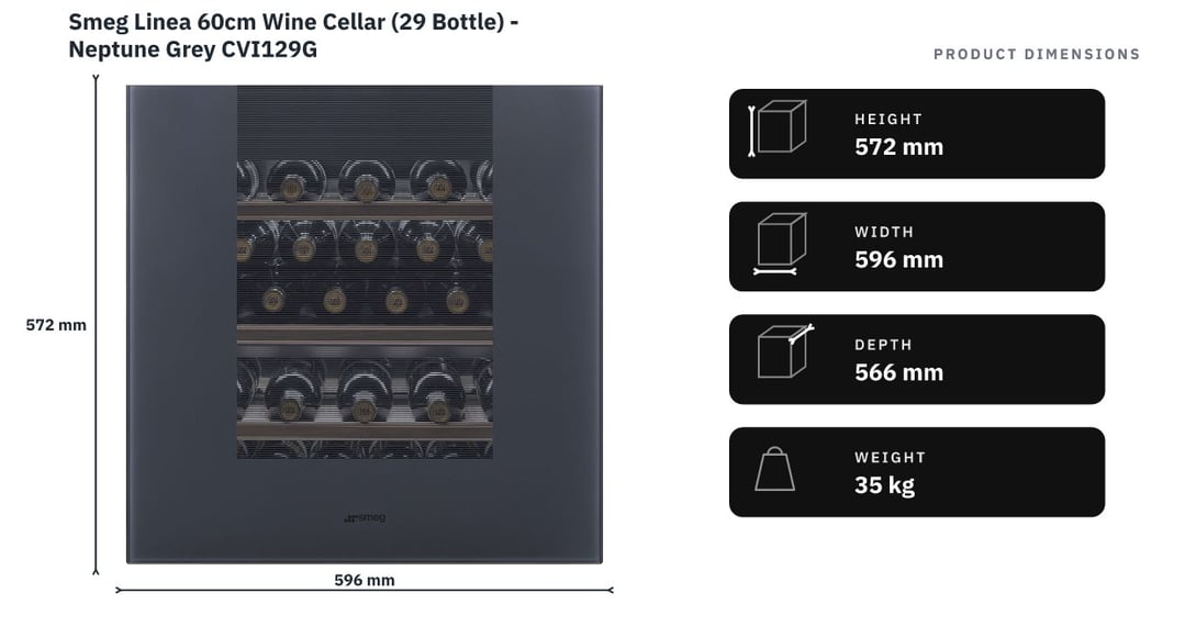 Smeg Linea 60cm Wine Cellar (29 Bottle) - Neptune Grey CVI129G — product dimensions