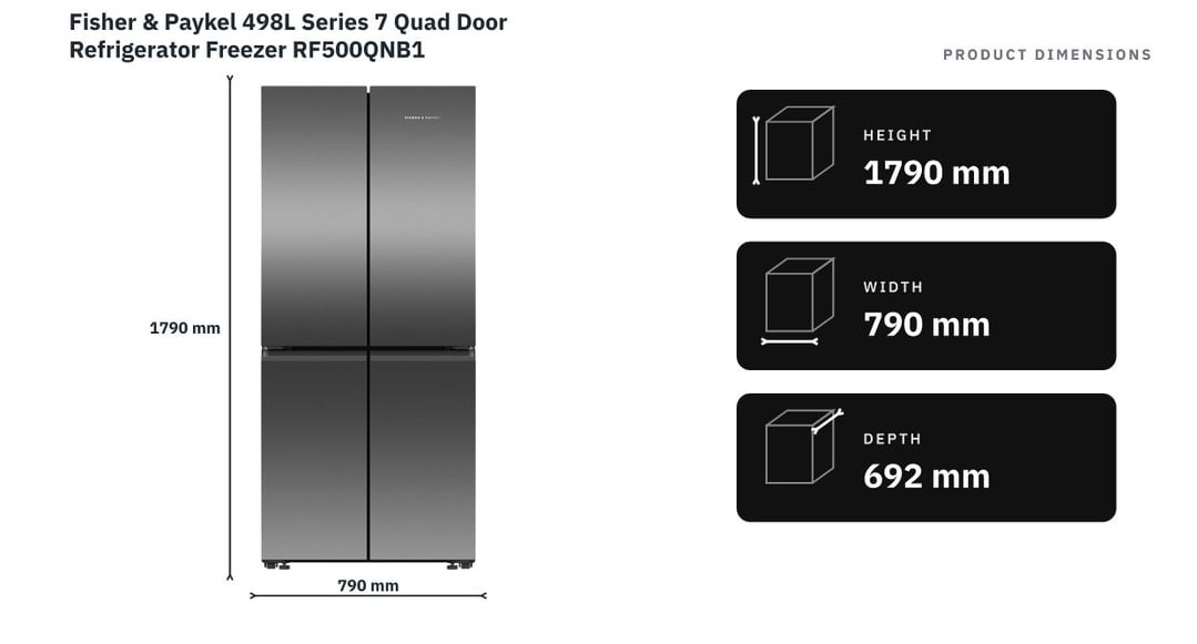 Fisher & Paykel 498L Series 7 Quad Door Refrigerator Freezer RF500QNB1 — product dimensions