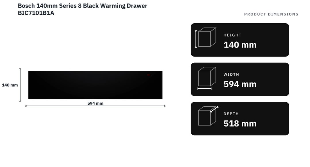 Bosch 140mm Series 8 Black Warming Drawer BIC7101B1A — product dimensions
