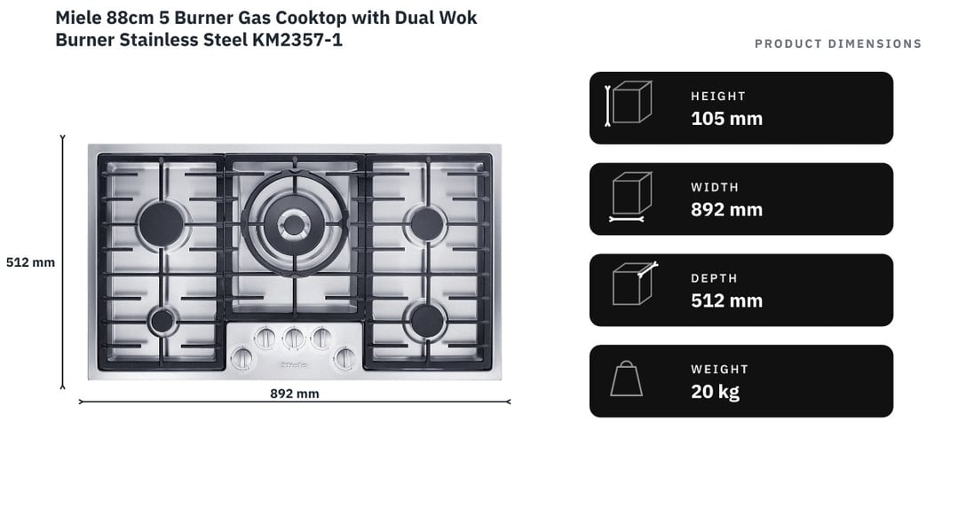 Miele 88cm 5 Burner Gas Cooktop with Dual Wok Burner Stainless Steel KM2357-1 — product dimensions