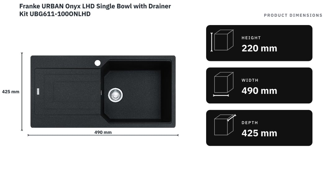 Franke URBAN Onyx LHD Single Bowl with Drainer Kit UBG611-100ONLHD — product dimensions