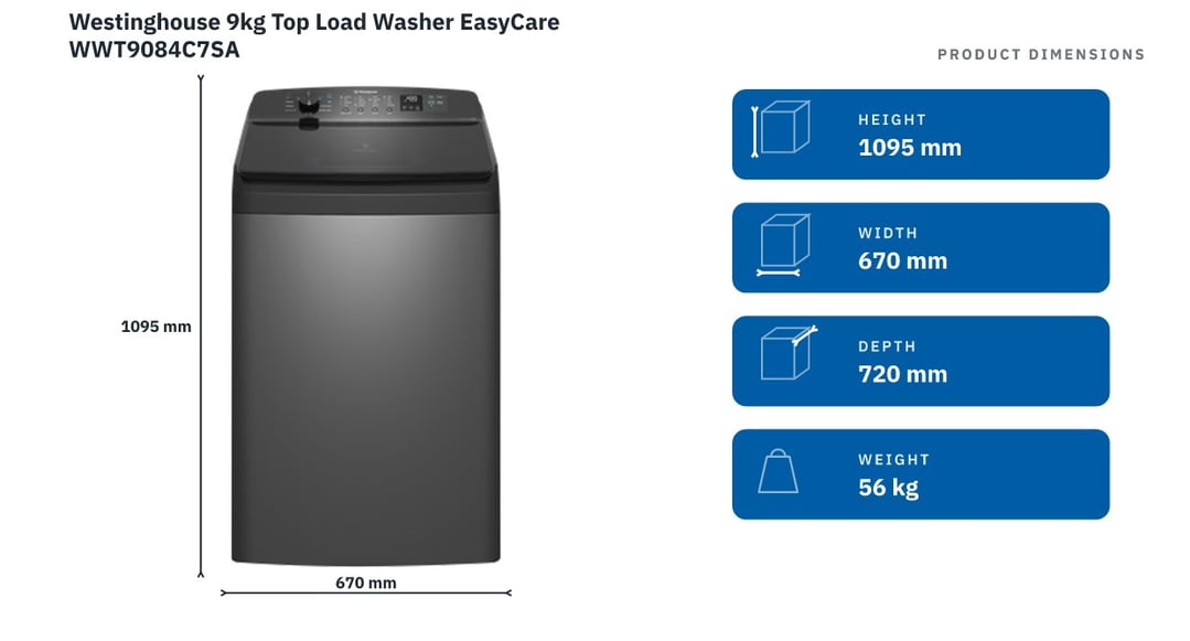 Westinghouse 9kg Top Load Washer EasyCare WWT9084C7SA — product dimensions