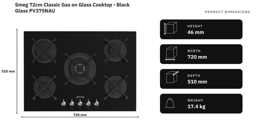 Smeg 72cm Classic Gas on Glass Cooktop - Black Glass PV375NAU — product dimensions