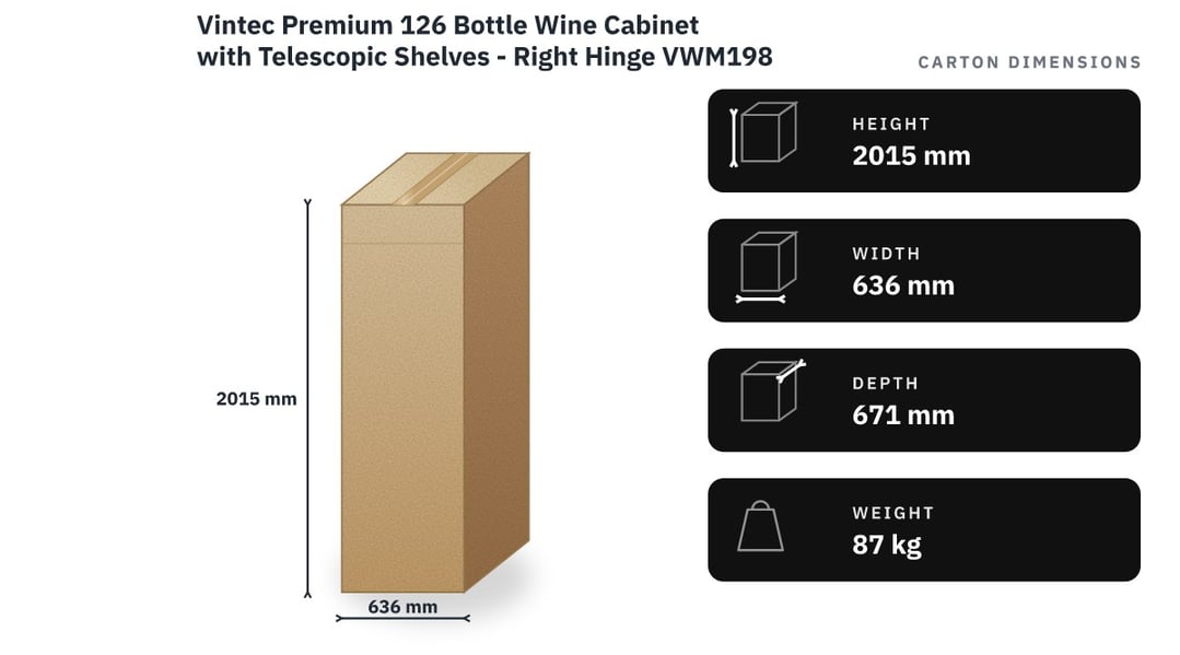 Vintec Premium 126 Bottle Wine Cabinet with Telescopic Shelves - Right Hinge VWM198PBA-R — packaged dimensions