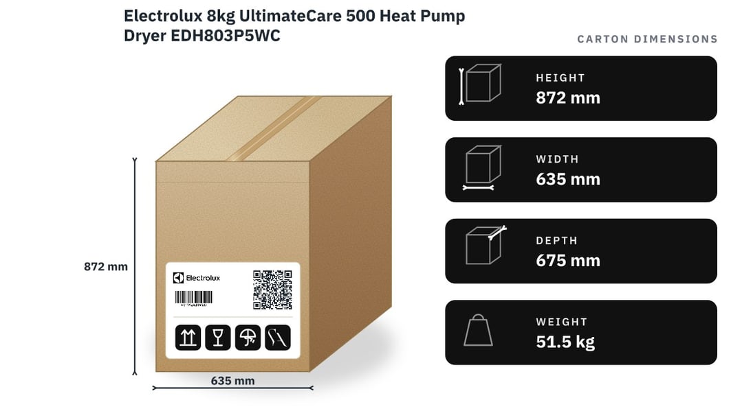 Electrolux 8kg UltimateCare 500 Heat Pump Dryer EDH803P5WC — packaged dimensions