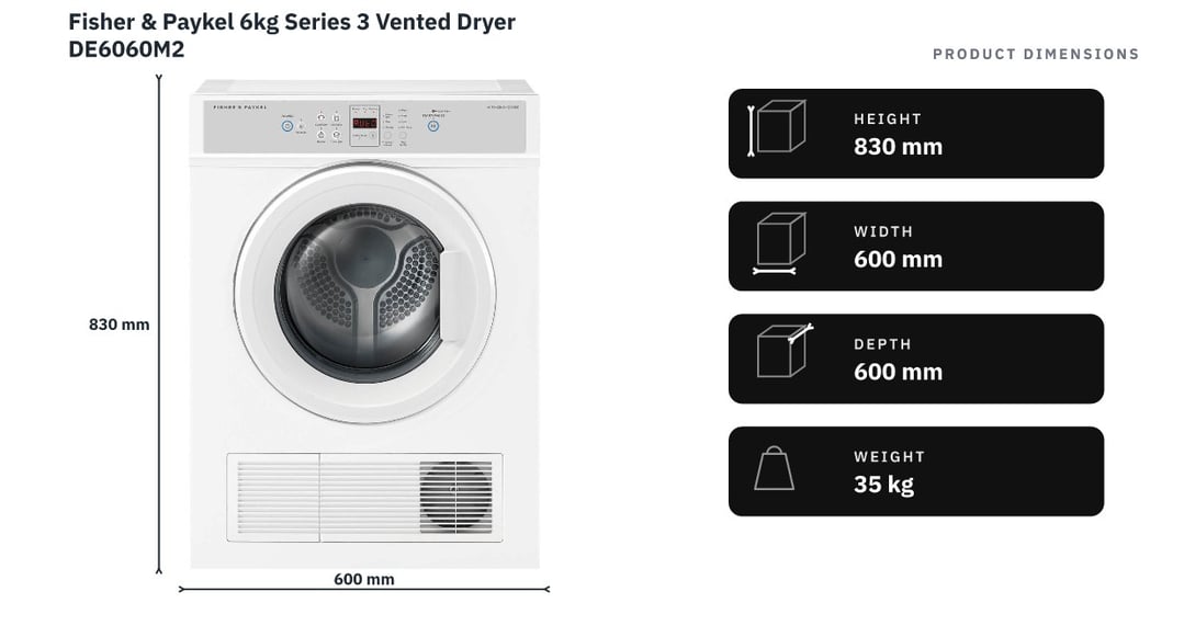 Fisher & Paykel 6kg Series 3 Vented Dryer DE6060M2 — product dimensions