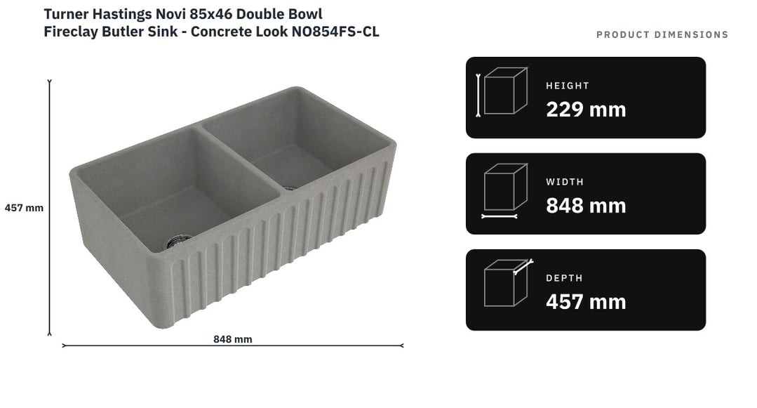 Turner Hastings Novi 85x46 Double Bowl Fireclay Butler Sink - Concrete Look NO854FS-CL — product dimensions