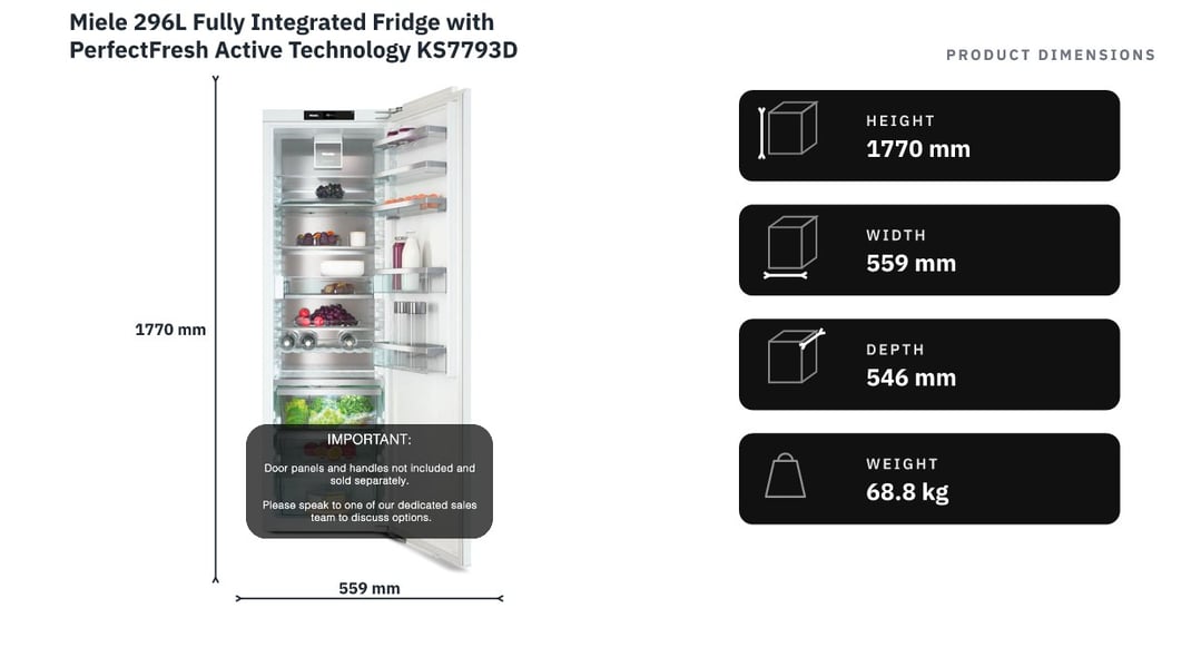 Miele 296L Fully Integrated Fridge with PerfectFresh Active Technology KS7793D — product dimensions