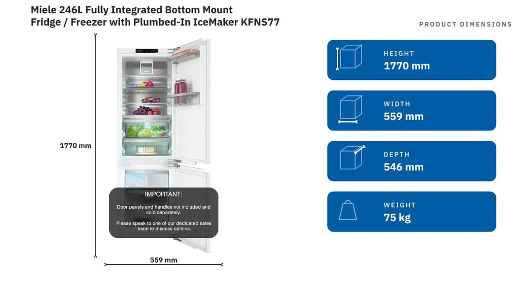 Miele 246L Fully Integrated Bottom Mount Fridge / Freezer with Plumbed-In IceMaker KFNS7795D — product dimensions