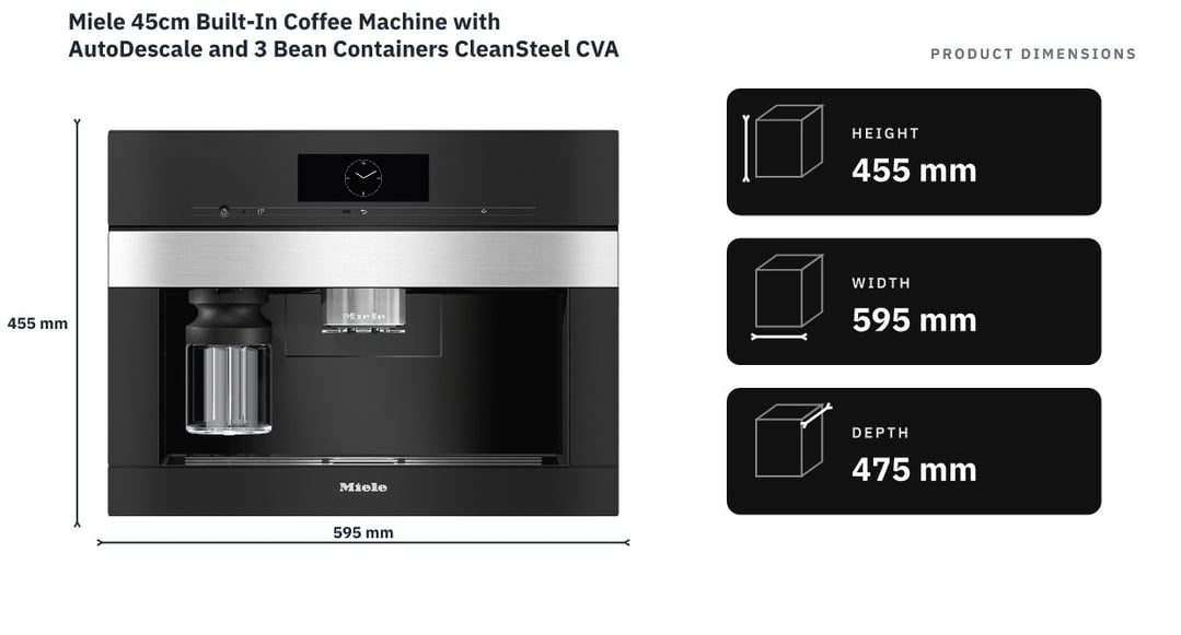 Miele 45cm Built-In Coffee Machine with AutoDescale and 3 Bean Containers CleanSteel CVA7840 — product dimensions