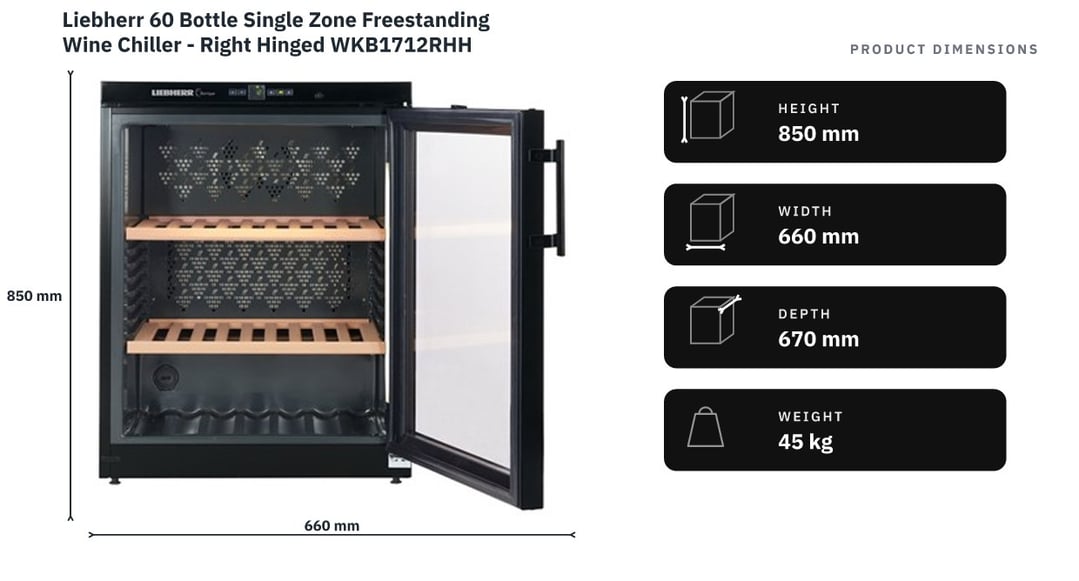 Liebherr 60 Bottle Single Zone Freestanding Wine Chiller - Right Hinged WKB1712RHH — product dimensions