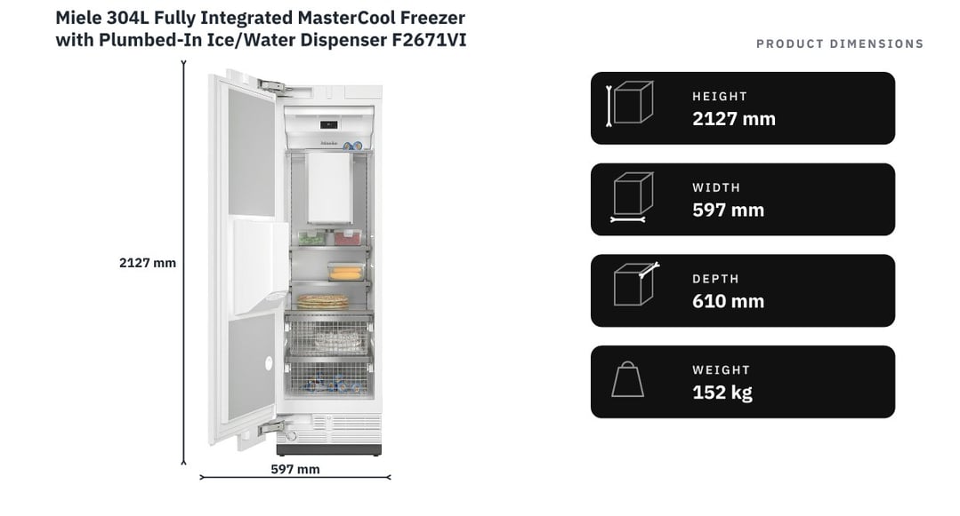 Miele 304L Fully Integrated MasterCool Freezer with Plumbed-In Ice/Water Dispenser F2671VI — product dimensions
