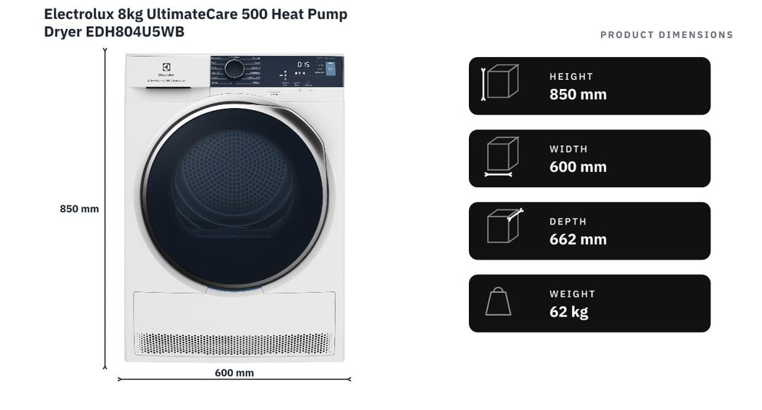 Electrolux 8kg UltimateCare 500 Heat Pump Dryer EDH804U5WB — product dimensions