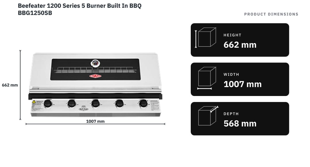 Beefeater 1200 Series 5 Burner Built In BBQ BBG1250SB — product dimensions