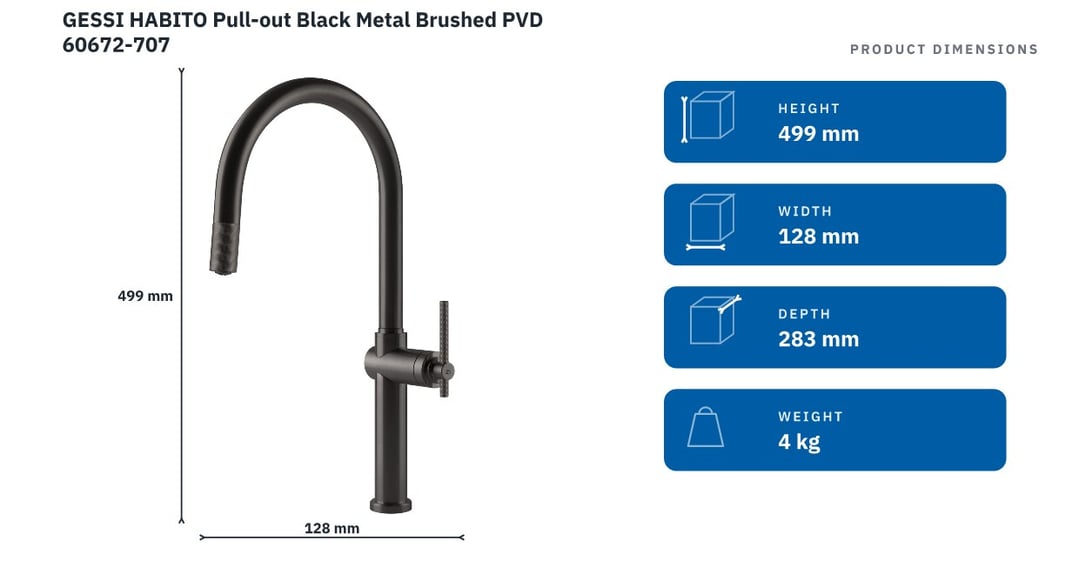 GESSI HABITO Pull-out Black Metal Brushed PVD 60672-707 — product dimensions