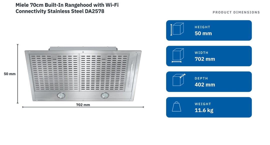 Miele 70cm Built-In Rangehood with Wi-Fi Connectivity Stainless Steel DA2578 — product dimensions