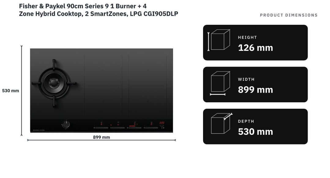 Fisher & Paykel 90cm Series 9 1 Burner + 4 Zone Hybrid Cooktop, 2 SmartZones, LPG CGI905DLPTB4 — product dimensions