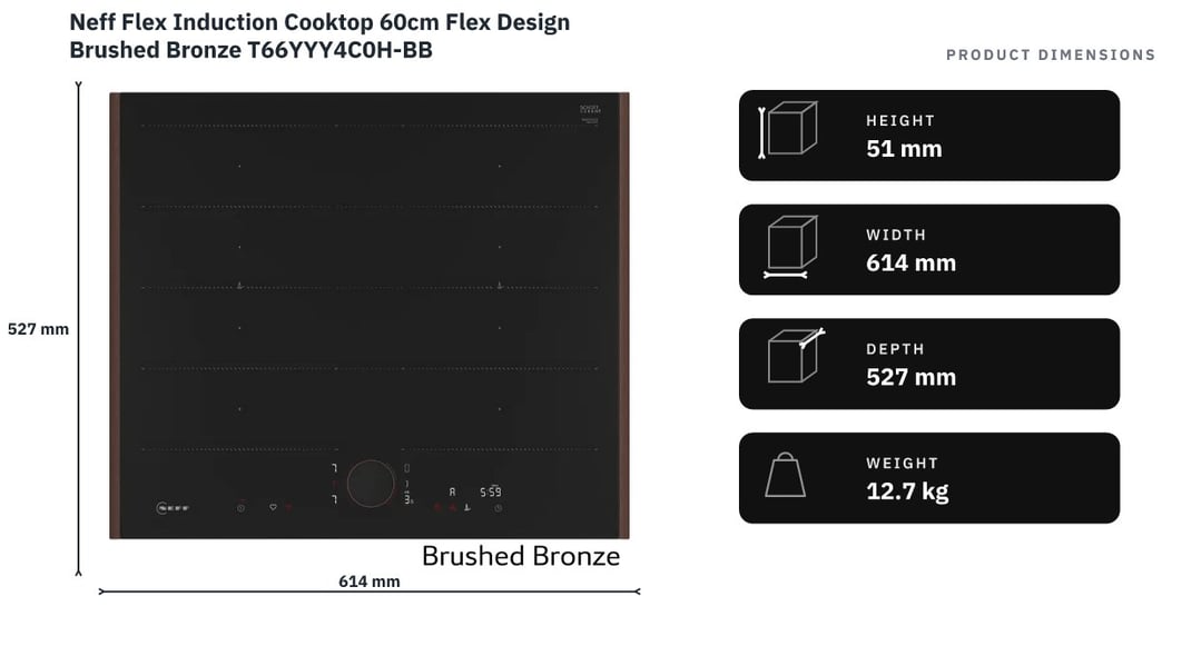 Neff Flex Induction Cooktop 60cm Flex Design Brushed Bronze T66YYY4C0H-BB — product dimensions