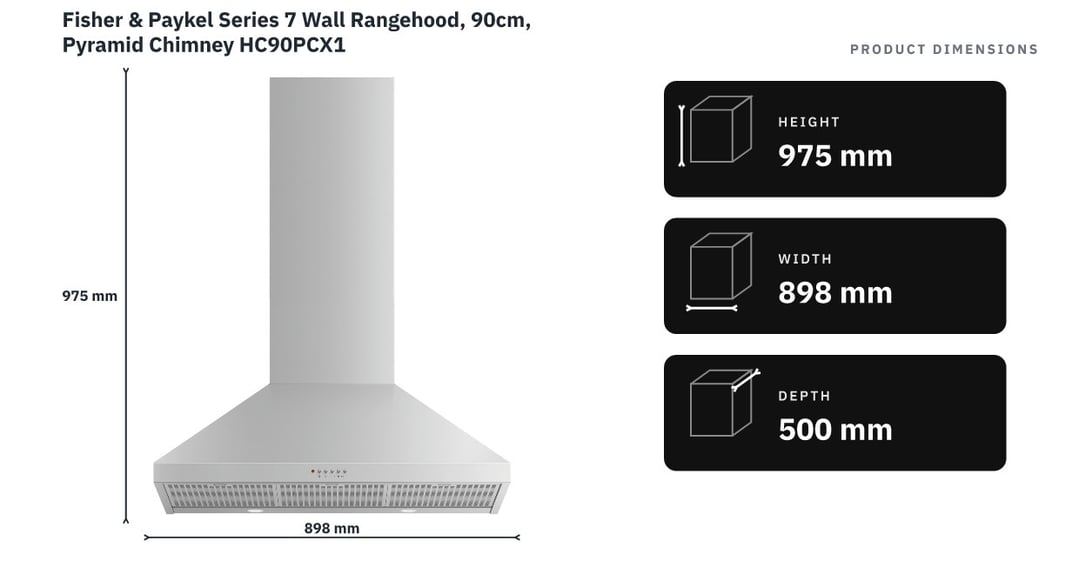 Fisher & Paykel Series 7 Wall Rangehood, 90cm, Pyramid Chimney HC90PCX1 — product dimensions