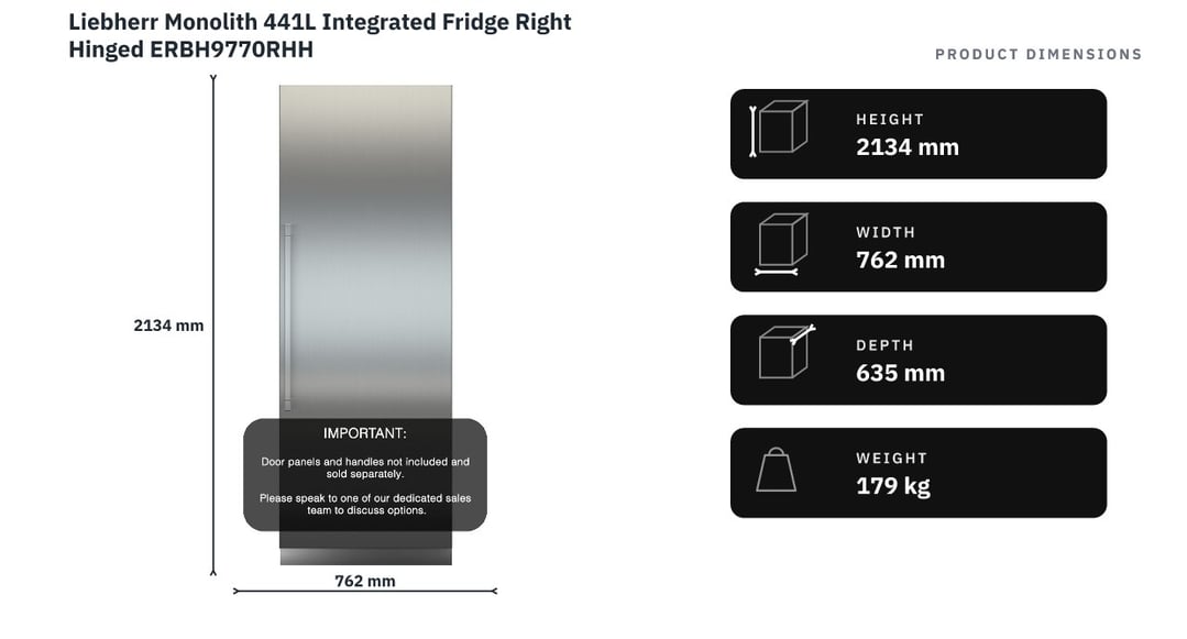 Liebherr Monolith 441L Integrated Fridge Right Hinged ERBH9770RHH — product dimensions