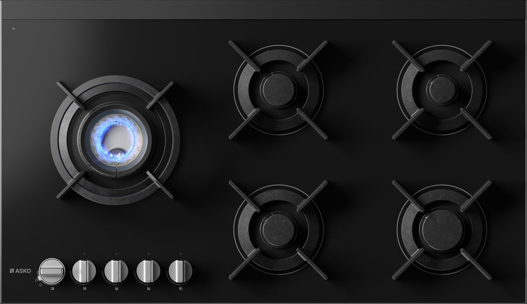 Asko 90cm Hob Gas 5 Burner Volcano Cooktop Black Glass HG8953BGD1