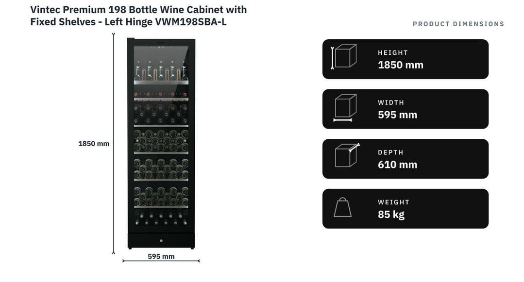Vintec Premium 198 Bottle Wine Cabinet with Fixed Shelves - Left Hinge VWM198SBA-L — product dimensions