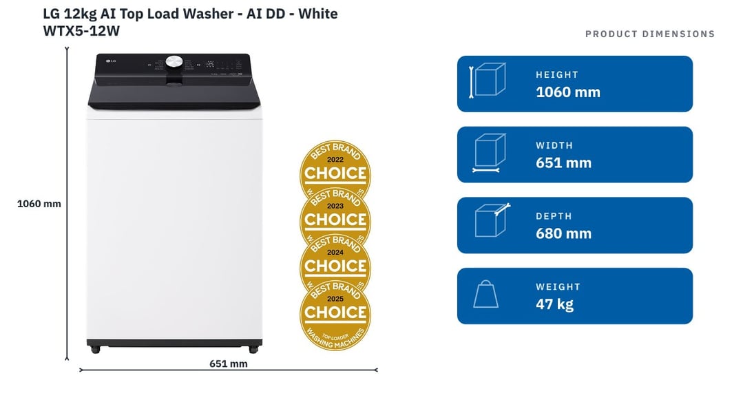 LG 12kg AI Top Load Washer - AI DD - White WTX5-12W