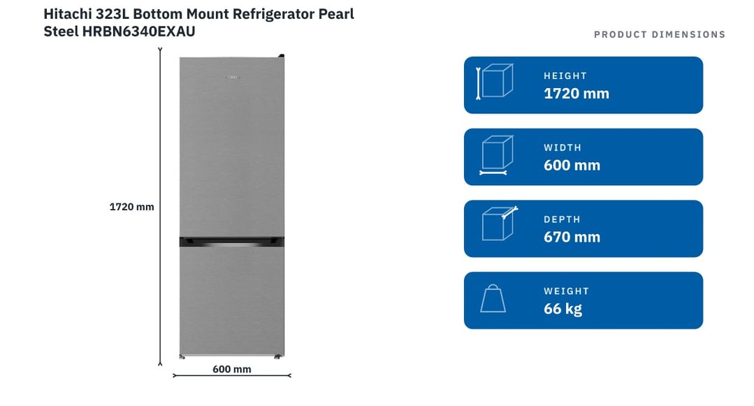 Hitachi 323L Bottom Mount Refrigerator Pearl Steel HRBN6340EXAU