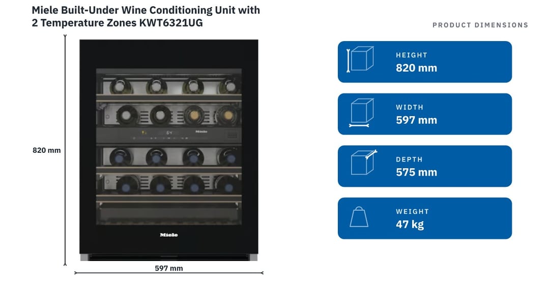 Miele Built-Under Wine Conditioning Unit with 2 Temperature Zones KWT6321UG — product dimensions