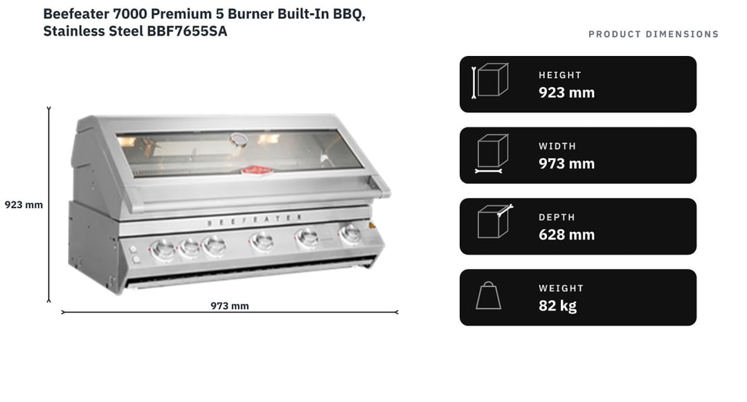 Beefeater 7000 Premium 5 Burner Built-In BBQ, Stainless Steel BBF7655SA — product dimensions