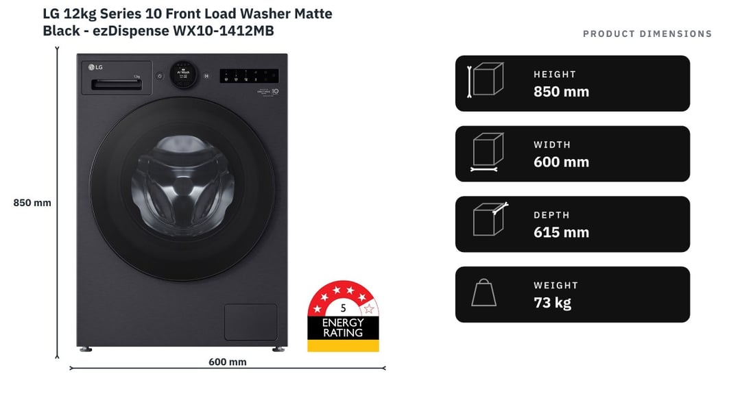 LG 12kg Series 10 Front Load Washer Matte Black - ezDispense WX10-1412MB — product dimensions